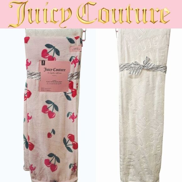 Juicy Couture Home  2-PK Heart Cherry & JUICY Embroidered Plush Throw Blanket - Picture 1 of 8